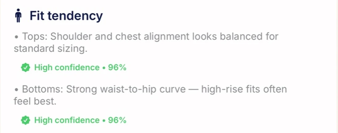 Fit tendency notes for tops and bottoms, each marked high confidence