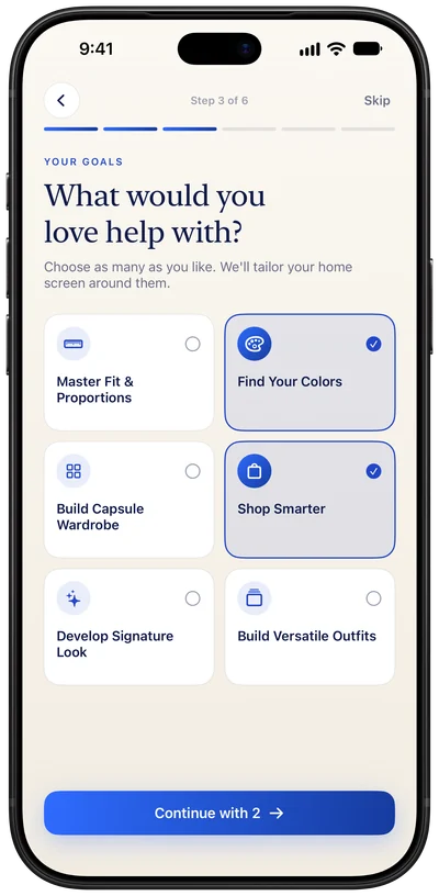 Quiz screen: what would you love help with, with goals like Find Your Colors and Shop Smarter