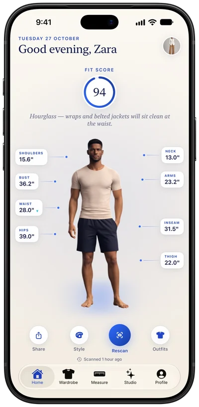 FitIQ Home tab with fit score 94 and labelled measurements around a model