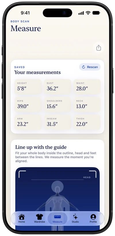 FitIQ Measure tab with saved measurements and the line-up guide