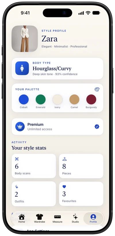 FitIQ Profile tab with body type, colour palette and style stats