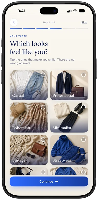 Quiz screen: which looks feel like you, with a grid of style photos