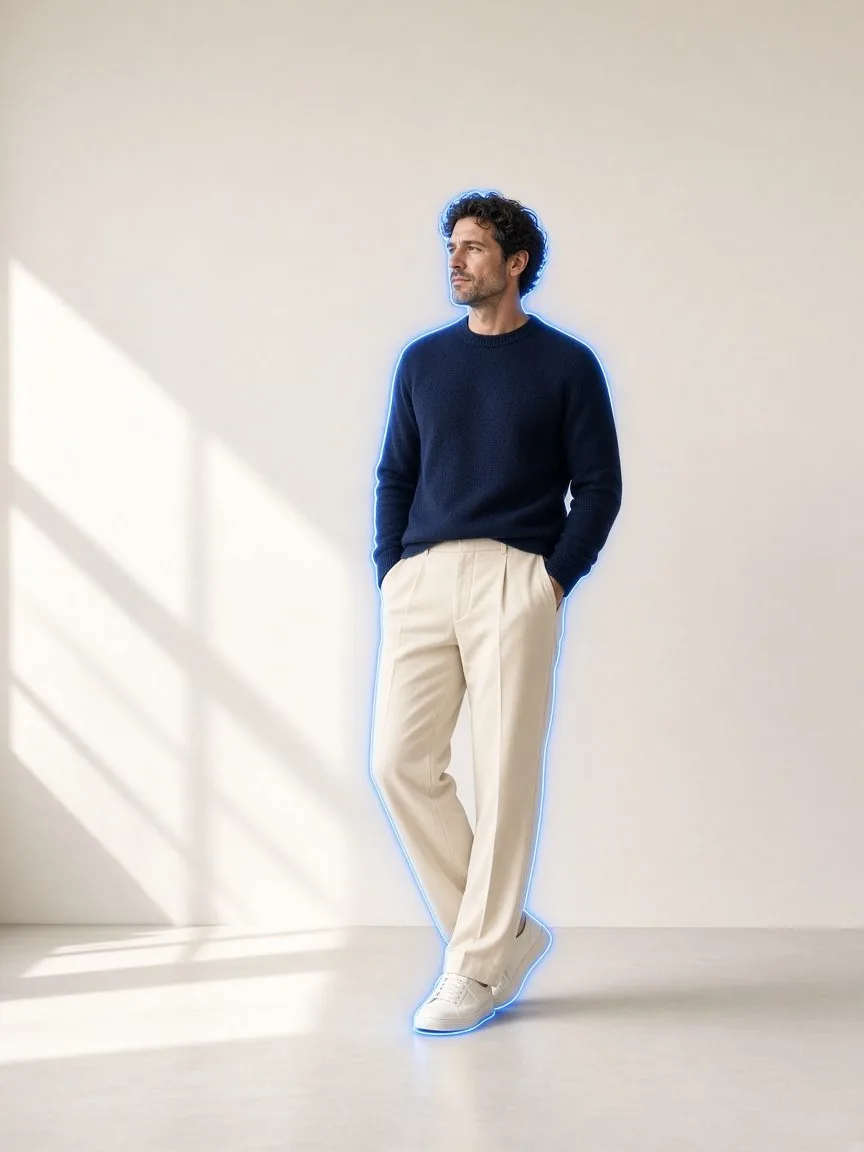 A man in a navy jumper and cream trousers standing in soft daylight, outlined by FitIQ's cobalt scan glow